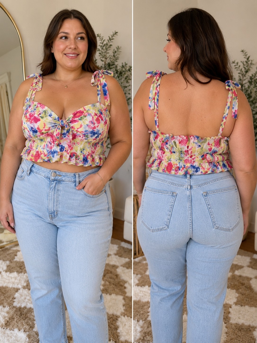 Jopra NWT Floral Tie Shoulder Peplum Crop Top Size Large Multicolor Summer Cotta